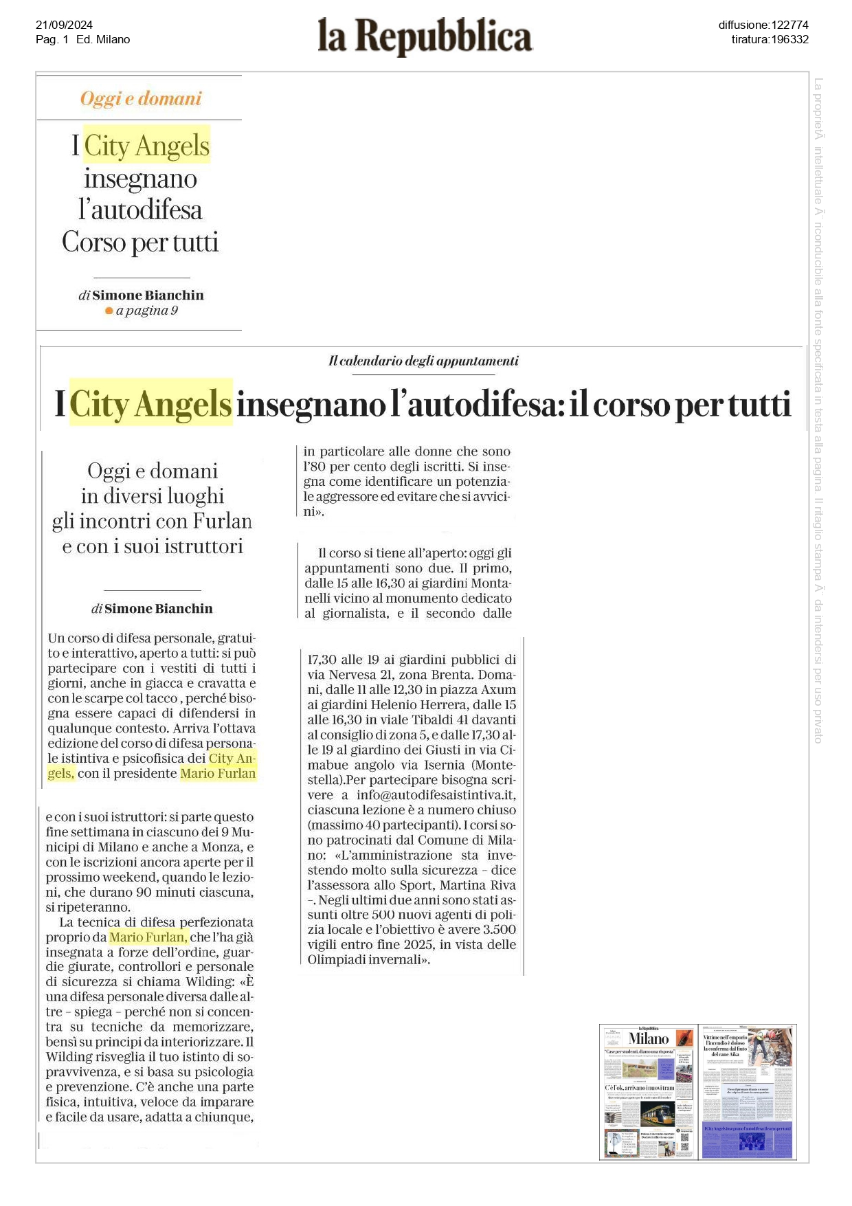 Il quotidiano La Repubblica dedica due pagine al corso di autodifesa istintiva tenuto da Mario Furlan, fondatore dei City Angels, a Milano e a Monza