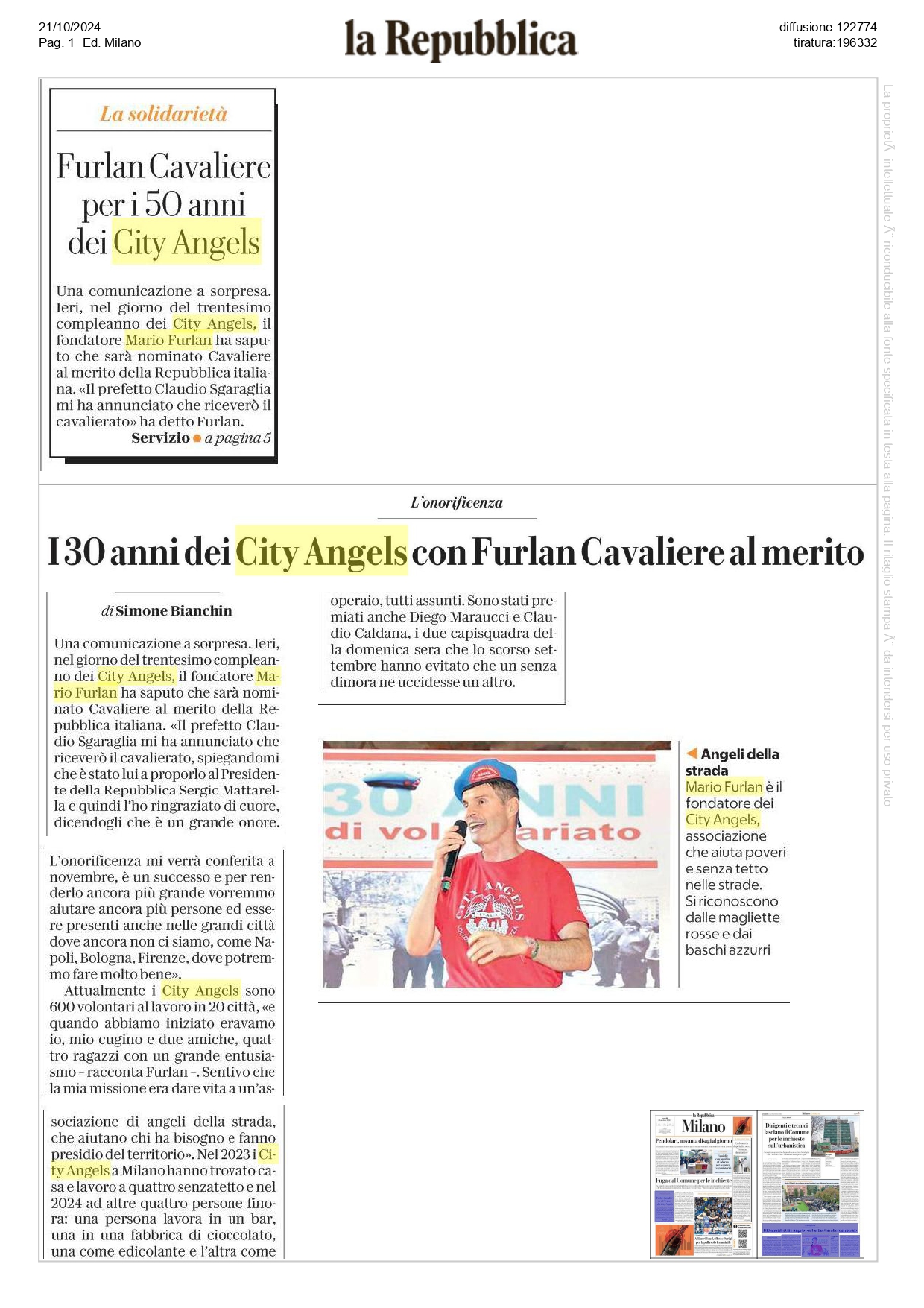 Mario Furlan Cavaliere al Merito della Repubblica per i 30 anni dei City Angels