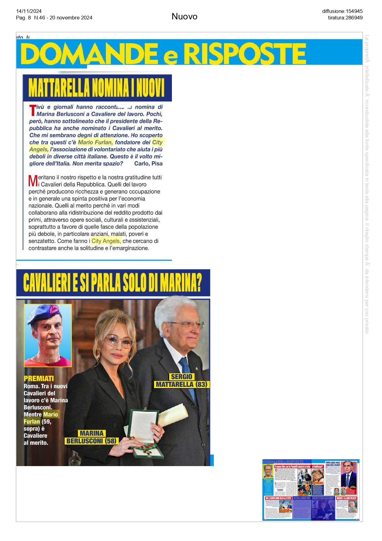 Mattarella nomina Mario Furlan Cavaliere al merito