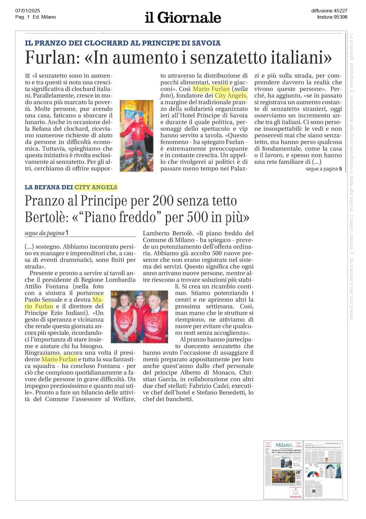 Mario Furlan denuncia un aumento dei senzatetto italiani